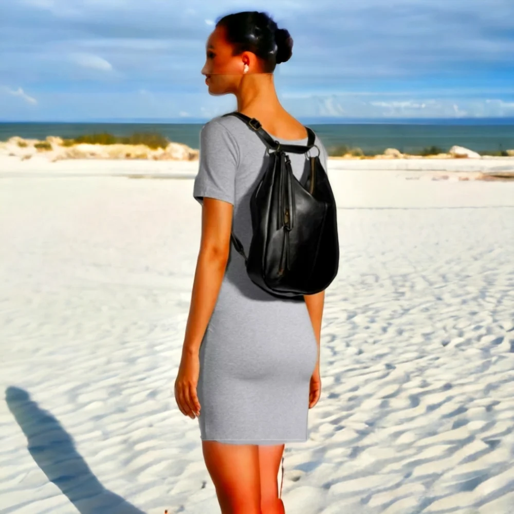 Luxury Black Vegan Leather Minimalist Convertible Backpack